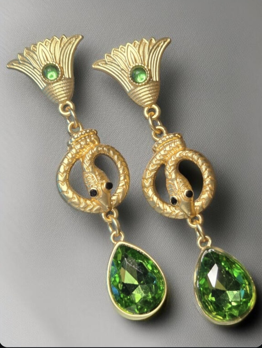 18k Matte Gold Plated Coiled Snake Green Crystal Drop Dangle Earrings - Picture 2 of 6